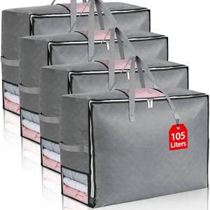 lot 3652 image: Eunhdet 4 Pack 105L Extra Large Comforter Storage Bag, Foldable Bedding Storage Blanket Moving Bags for Clothes Pillows Sweater Dorm, Linen Closet Organizers with 4 Handles &amp 3 Clear Windows, Grey&nbsp&nbsp
