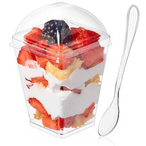 lot 3665 image: Soelomu 5oz Plastic Dessert Cups with Dome Lids and Spoons, 50 Pack Mini Clear Parfait Cups Square Party Serving Cup for Pudding, Appetizer, Fruit and Ice Cream&nbsp