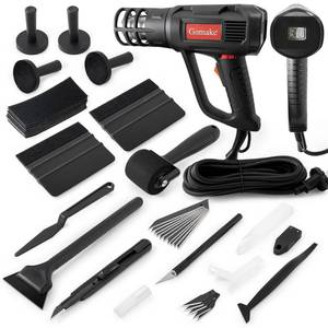 lot 3672 image: Gomake Vinyl Wrap Tool Window Tinting Kit with Heat Gun 16FT Cord,Sponge Roller,Magnet Holder,Vinyl Tucking Tool,Tint Squeegee, Film Cutter for Car Wrapping, Graphics and Decal Installation - Retail $48