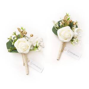 lot 3689 image: Lings moment Boutonniere for Men, 2pcs Groom Groomsmen Guest Boutonniere, Artificial Flowers for WeddingPromHomecoming, etc.White Baby Breath Ivory&nbsp