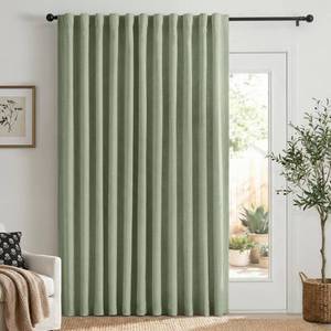 lot 3693 image: 100% Blackout Shield Linen Blackout Sliding Door Curtains for Living Room, Back TabRod Pocket Thermal Insulated Curtains for Sliding Glass Doors, 1 Panel Set, 100 W x 84 L, Sage - Retail $35