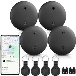 lot 3722 image: Android Tracker Tags, 4 Pack Google Certified Smart Tracker with Silicone Cases, Works with Google Find Hub for Keys, Luggage, Backpacks, Pets, IP67 Waterproof & Replaceable Battery (Android Only) - Retail $27