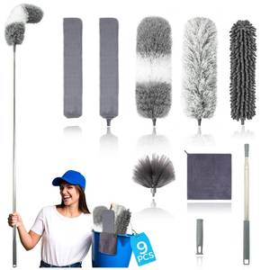lot 3724 image: 9Pcs Dusters for Cleaning Kit, Extendable Microfiber Duster Tools with 100 Long Pole, Retractable Gap Bendable Dust Cleaner, Reusable Washable Cleaning Supplie for Ceiling Fan Furniture Cars and Home - Retail $22
