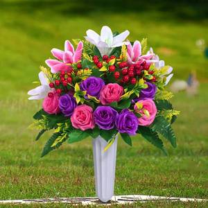 lot 3729 image: Dolicer 2 Sets Artificial Cemetery Flowers for Grave, Realistic Grave Flowers Memorial Flower UV Resistant Silk Rose Lily Flower with Vase for Cemetery Decorations (Colorful) - Retail $27