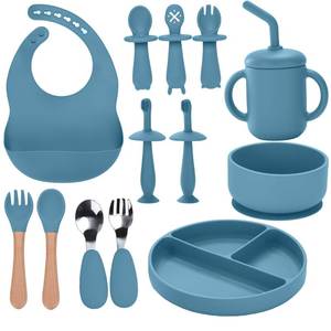 lot 3773 image: Silicone Feeding Set, 13PCS Baby Feeding Essentials with Suction Bowl & Plate, Spoons & Forks, Bib & Cup, Toothbrush, Baby Led Weaning Supplies for 6 Months, Eating Essentials (Blue) - Retail $25