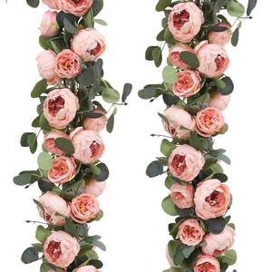 lot 3777 image: Floweroyal 2 Pack Artificial Flower Garlands 11.2FT Eucalyptus Garlands with Flowers 8 Head Peony Flower Vine Faux Floral Garland for Wedding Arch Table Wall Backdrop Wreath Decoration. (Vintage Pink) - Retail $25