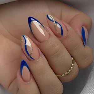 lot 3795 image: Navy Blue French Tip Press on Nails Medium Almond Fake Nails with Glitter Gold Lines Design Nude Glossy Glue on Nail Reusable Full Cover Press ons Acrylic False Nails for Women 24Pcs&nbsp&nbsp