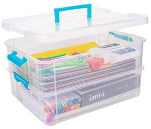 lot 4011 image: TERGOO 2 Layer Plastic Storage Containers with Lids, Multipurpose Clear Stack & Carry Box, Portable Craft Organizers and Storage Bin for Organizing Art & Craft, Sewing, Makeup, Nail Supplies (Blue) - Retail $24
