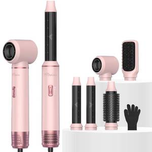 lot 4018 image: Atopskins 5 in 1 Hair Dryer Brush Set, Detachable Hot Air Styler, Blow Dryer Brush, 3 Heat Settings Auto Curling Wrap Styler, Ionic Hair Styling Tools - Straighten Curl Dry Volumize Smooth (Pink) - Retail $57