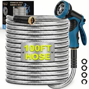 lot 4021 image: Garden Hose 100FT, Water Hose with 10 Function Nozzle, Garden Hose Metal with Leak-proof Connectors, No-Kink, Lightweight, Puncture-proof, Pet-proof, Sturdy, Hose for Outdoor, Yard - Retail $46