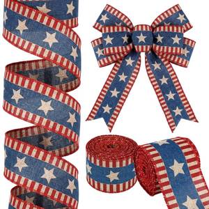lot 4028 image: Yinder 2 Rolls Vintage Patriotic Red White and Blue Ribbon, 3 Inch x 20 Yards, Rustic Patriotic Wired Ribbon American Flag Stripes &amp Stars Ribbons for 4th of July 250th Independence Day Wreaths Decor&nbsp