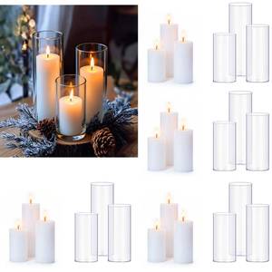 lot 4035 image: PNJHDZ 24 Pcs White Pillar Candles and Glass Candle Holders Cylinder Candle Vases for Pillar Candles Hurricane Candle Holders Set for Wedding Party, Event, Home Office Decor - Retail $76