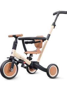 lot 4036 image: newyoo TR008 5 in 1 Toddler Tricycle with Push Handle for 1-3 Year Old Boys and Girls, Kids Push Trike with Safe Bar, Toddler Bike, Convert to Balance Bike, Birthday Gifts and Toys for Baby, Cream - Retail $100