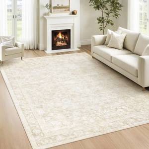 lot 4038 image: 5x7 Area Rugs for Living Room Washable Vintage Floral Rug Low Pile Non-Slip Boho Carpet for Bedroom Nursery Dining Room (Beige, 5x7) - Retail $40