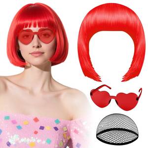 lot 4039 image: PLULON Red Bob Wig with Heart Sunglasses and Hair Cap, Colorful Short Bob Wigs Synthetic Party Wigs Funny Cosplay Hairpieces for Women Men Neon Bachelorette Halloween Costume Party Decorations&nbsp