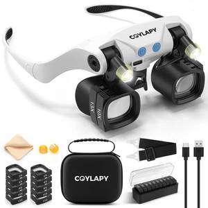 lot 4040 image: COYLAPY Magnifying Glasses for Close Work, Jewelers Magnifying Glass with Light & 5 Interchangeable Lens Pairs(2X 4X 6X 10x 13x), Headband Loupe Magnifier for Watch Repair,Crafts, wStorage Case - Retail $24