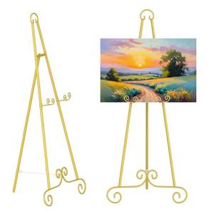 lot 4058 image: GWEUZMALL 46 H Adjustable Metal Display Easel - Vintage Gold Scroll Design, Rust-Proof Metal Stand for Showcasing Pictures, Artlork, Picture Frame and Wedding Signs - Retail $30
