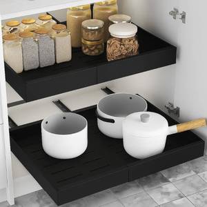 lot 4080 image: Expandable Pull Out Drawers for Cabinets (Black) Kitchen and Pantry Organizer, Sliding Cabinet Organizer with Adhesive, Under Sink and Pots Storage, 12.5-20.5. expandable pull out cabinet organizer - Retail $35