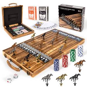 lot 4081 image: ropoda Upgraded 23 inches Horse Race Board Game with 11 Upgraded Luxury Horses,Foldable Wood Horse Racing Board Game with 100 Pcs Chips,2 Dice and 2 Boxes of Cards,Vintage Color - Retail $64