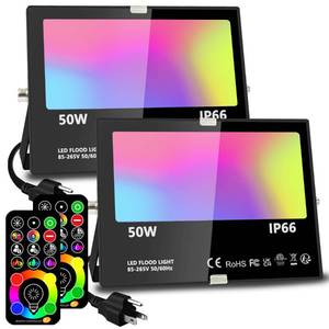 lot 4085 image: MELPO Led Flood Light 500W Equivalent, RGBW Led Outdoor Lights Colored Floodlight with Remote,50W,5000ML 2700K,120 Colors, Timing, Dimmable, Custom Modes, Landscape Lighting (2 Pack) - Retail $48