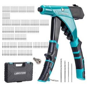 lot 4088 image: LIBRATON Professional Heavy Duty Rivet Gun, One-Handed Pop Rivet Gun Set, Robust Riveter with Shaft Container, Manual Riveting Tool, Tool-Free Interchangeable Heads, for Metal, Wood and Plastic - Retail $30