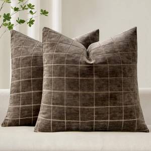 lot 4100 image: MIULEE Decorative Chenille Check Throw Pillow Covers Vintage Plaid Couch Pillows 18x18 Inch Set of 2 Neutral Boho Farmhouse Cushion Covers Modern Home Decor for Sofa Bed Living Room Brown&nbsp