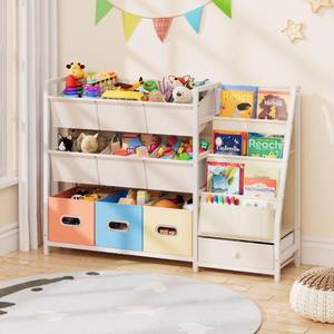 lot 4114 image: HAVLOTII Toy Storage Organizer - Kids Bookshelf and Toy Storage with 3 Book Shelf and 10 Storage Bins, Montessori Playroom Storage for Toddler, Baby, Book Shelf for Kids Rooms - Retail $90