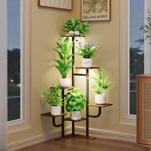 lot 4138 image: Homsorout Corner Plant Stand with Grow Light - 6 Tier Plant Stand Indoor Square Metal Plant Shelf with Adjustable Light, Plant Organizer for Living Room, Graden, Home Decor (Brown) - Retail $47