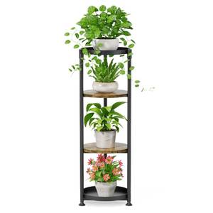 lot 4153 image: iDavosic.ly 4 Tier Corner Plant Stand Indoor, 45 Inch Tall Vertical Metal Flower Heavy Duty Pot Holder Shelf Outdoor for Patio Porch Living Room, Modern Black & Rustic Brown - Round - Retail $33