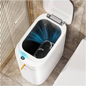 lot 4166 image: funest Smart Bathroom Trash Can with Lid- 3.5 Gallon Rechargeable Motion Sensor Trash Can,Waterproof Automatic Garbage Can with Automatic Suction Bag Feature,Waste Bin for Bedroom, Kitchen, Office - Retail $36