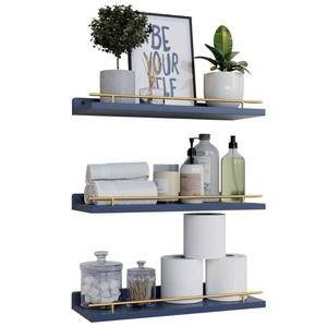 lot 4175 image: WOPITUES Floating Shelves with Gold Metal Guardrail, Shelves for Wall Decor Set of 3, Wall Shelves for Bedroom, Bathroom, Kitchen, Living Room, Plants, Picture Frames, Art- Gold in Navy Blue - Retail $35