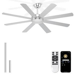 lot 4179 image: Phylluz 60 Silver Ceiling Fans With No Lights - 8 Blades Ceiling Fan RemoteAPP Control, Silent Garage Ceiling Fan for IndoorCovered Outdoors - Retail $150