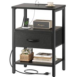 lot 4191 image: SUPERJARE Nightstand with Charging Station, Bed Side Table with Adjustable Fabric Drawer, Night Stand for Bedroom, 3-Tier Storage End Table, for Living Room, Black - Retail $50