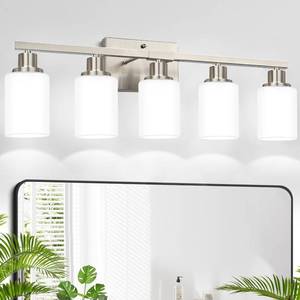 lot 4200 image: MOKATNG 5-Light Vanity Light with Milky White Shades, Brushed Nickle Bathroom Lighting Fixtures Over Mirror, Modern Bathroom Wall Lamp for Mirror Living Room Cabinet Bedroom - Retail $75