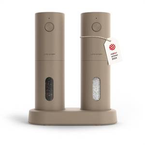lot 4231 image: LARS NYS�M Electric Salt and Pepper Grinder Set, USB Rechargeable, Automatic Salt and Pepper Mills, Spice Shakers Refillable with LED Light, Adjustable Coarseness, Ceramic Grinder (Taupe Brown) - Retail $47