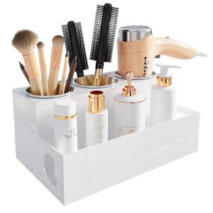 lot 4240 image: PITBVO Hair Tool Organizer, White Acrylic Hair Dryer Holder with Insulated Cup, Bathroom Supplies Countertop Blow Dryer Holder, Vanity Caddy Storage Stand for Accessories, Makeup, Toiletries - Retail $25