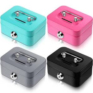 lot 4271 image: Tandefio 4 Pieces Small Money Box with Lock Metal Cash Box Piggy Bank with Lock and Slot 4.5 x 3.3 x 2 Inch Metal Coin Bank Gifts for Christmas New Year (Black, Green, Gray, Pink) - Retail $20