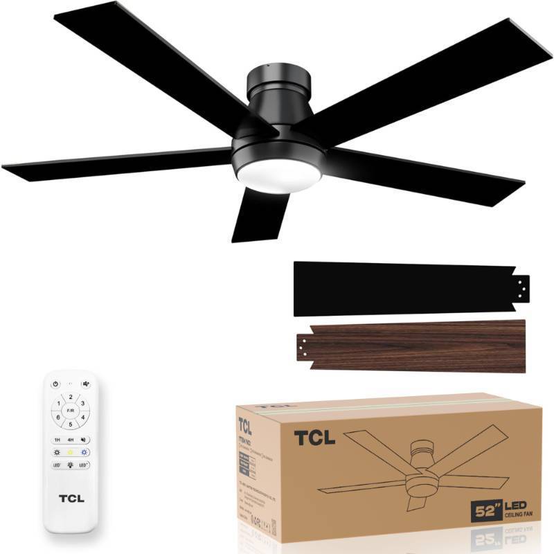 lot 3866 image: TCL 52 Black Ceiling Fan with Light and Remote, Modern LED 3-Color, 3CCT, Quiet Motor for Bedroom, Living Room, Dining Room, Ceiling Fans with Lights (Black) - Retail $117