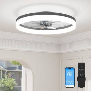 lot 3874 image: VOLISUN Low Profile Ceiling Fans with Lights and Remote, 23.6in Fandelier Ceiling Fan with Light, 3000K-6500K Dimmable Bladeless LED Fan Light, Black Flush Mount Ceiling Fans with Lights for Bedroom - Retail $126