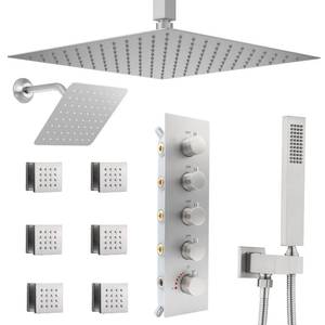 NPYSVSSS Thermostatic Shower System Dual Shower Heads with 16" Ceiling Mounted Rain Shower Head & 6" Wall Mounted Head 4 Function Shower System with body jets Can All Run Together, Brushed Nickel - Retail: $570
