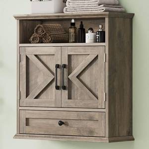 lot 3949 image: Bathroom Wall Cabinet, Wall Mounted Medicine Cabinet with Drawer, Barn Door and Adjustable Shelf, 24.4in H x 23.6in W x 9in D Grey Over Toilet Farmhouse Storage Cabinet for Kitchen, Laundry, Entryway Retail $99.99