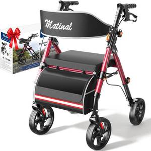 lot 3952 image: Matinal Walkers for Seniors with seat, Rollator Walker with Seat, Walkers for Seniors Foldable, 350 lb Capacity, with 8 Big Wheels, Rolling Walker (Burgundy) - Retail $90
