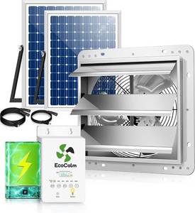 lot 161426 image: Retails for $230 10 Solar Exhaust Fan for Greenhouse with Battery and Adjustable Thermostat, Attic Fans for Garage and Shed with 2PCS 15W Bifacial Solar Panels