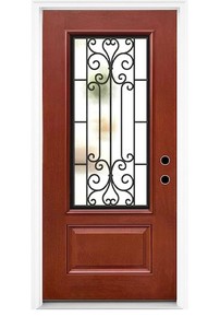 lot 152082 image: Retails for $1099 36 x 80 Classic Fiberglass Exterior Door with Decorative Wrought Iron Frosted Glass Panel, Mahogany-Stained Surface Entry Door with 34 Lite Glass, White Vinyl Frame (Red-02, Left Hand Inswing)