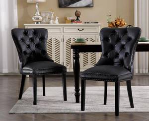 lot 342069 image: Retails for $280 EALSON Modern Black Dining Chairs Set of 2 Mid Century Leather Dining Room Chairs with Wood Legs Tufted Upholstered Kitchen Side Chairs with Nail Head Trim for Dining RoomLiving Room, Back with Ring