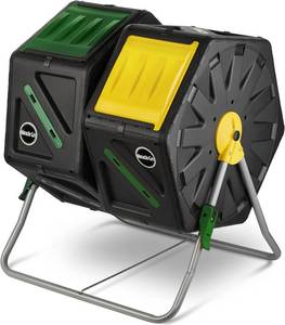 lot 452082 image: Retails for $110 Miracle-Gro Dual Chamber Compost Tumbler   Easy-Turn, Heavy-Duty Outdoor Bin Composter with 2 Sliding Doors (2x18.5 Gal70L