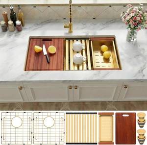 lot 461325 image: Retails for $290 Gold Undermount Kitchen Sink 32 x 18 Inch, 5050 Double Bowl Kitchen Sinks, 16 Gauge Stainless Steel Workstation Sink with Ledge & Accessories, 32 x 18 x 10 Large and Deep Gold Double Sink
