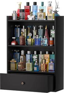 lot 1010 image: $79 3-Tier Cologne Organizer, Wooden Perfume Stand with Drawer Storage (Bla