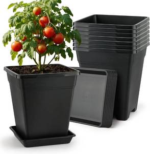 lot 1023 image: $49 BTPLASTIK 9-Inch Square Planters, 8-Pack Plastic Pots with Drainage Sau