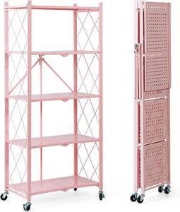 lot 1044 image: $90 BRIAN & DANY 5-Tier Foldable Shelves with Wheels, No Assembly, Pink